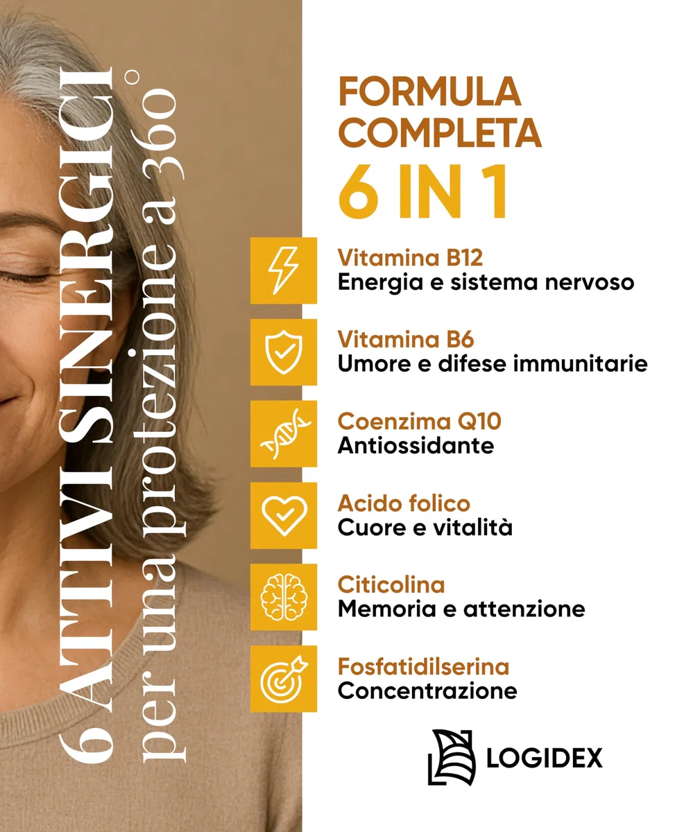 Betafolic Age - Integratore Vitamina B6 e B12, per Stanchezza, Memoria e Concentrazione, con B-Complex, Acido Folico, Citicolina e Q10 – 30 Compresse – Made in Italy Logidex