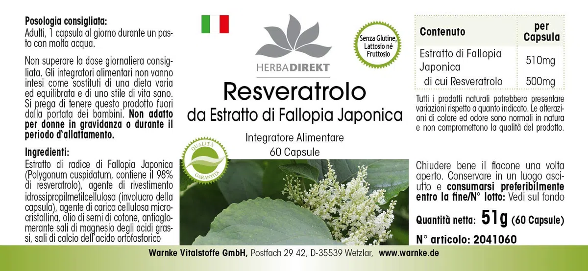 Resveratrolo 100% 500mg - Estratto di Fallopia Japonica - 60 Capsule - Vegan | HERBADIREKT by Warnke Vitalstoffe - Qualità da farmacia tedesca