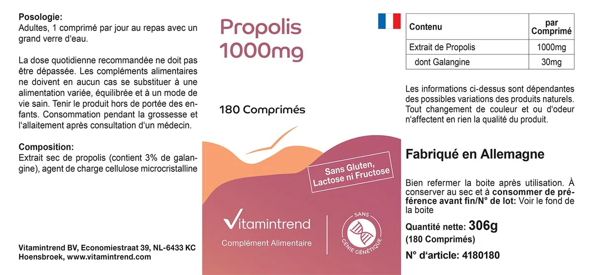Vitamintrend Estratto di propoli 1000 mg, 180 compresse, ad alto dosaggio, integratore alimentare senza magnesio stearato, prodotto in Germania