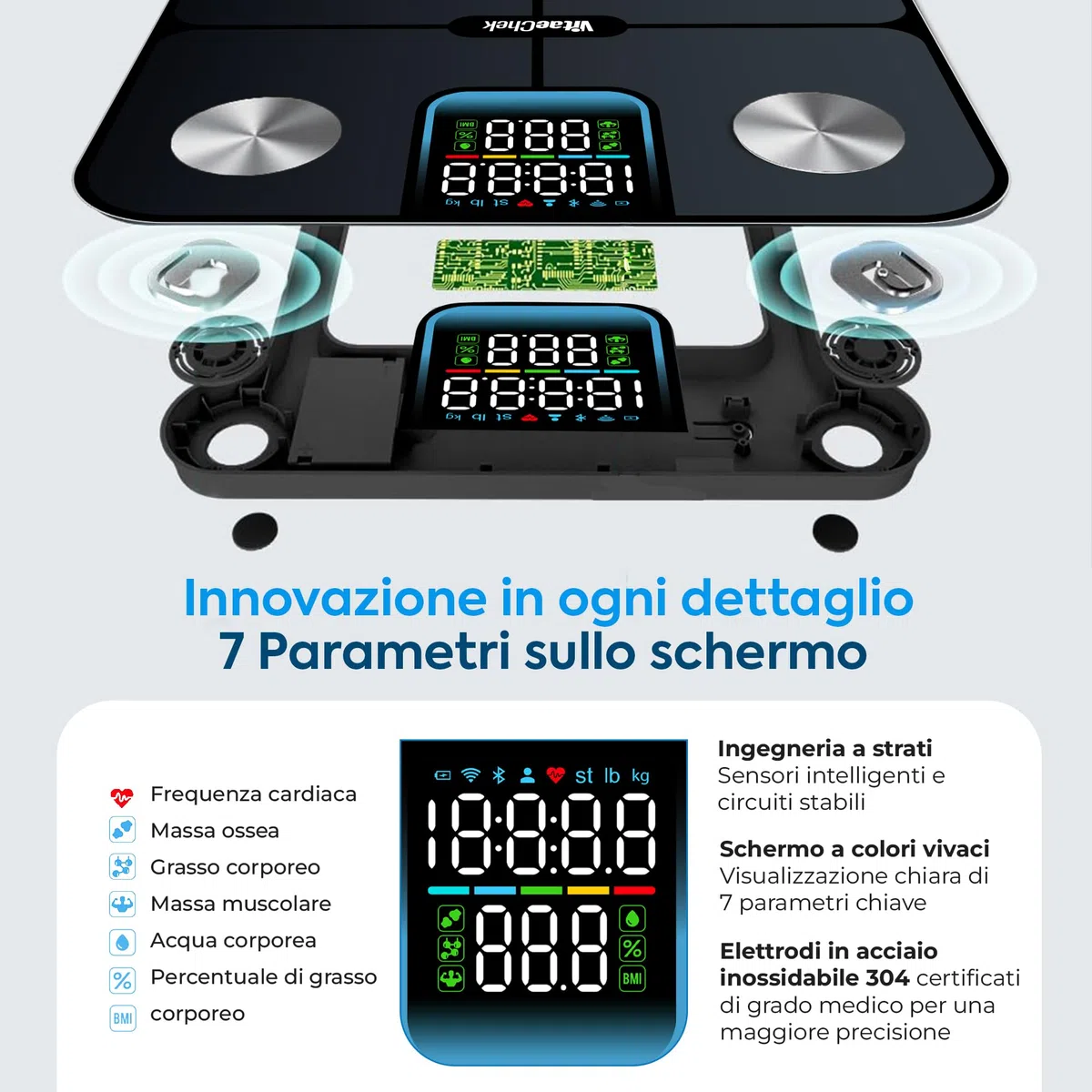 Bilancia Pesapersone Digitale Intelligente 180Kg Bluetooth con App, Impedenziometrica Professionale con Elettrodi in Acciaio Inossidabile, Display LED e 25 Indicatori Corporei