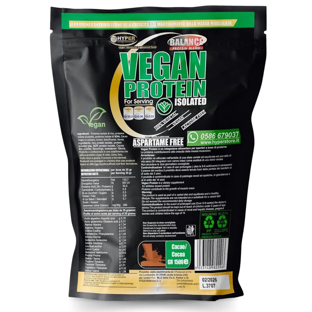Hyper Vegan Protein 750g Cacao - Proteine in Polvere Senza Edulcoranti - Proteine Isolate Vegetali - Vegane per Aumento Massa Muscolare, Favoriscono il Recupero - prodotte in Italia