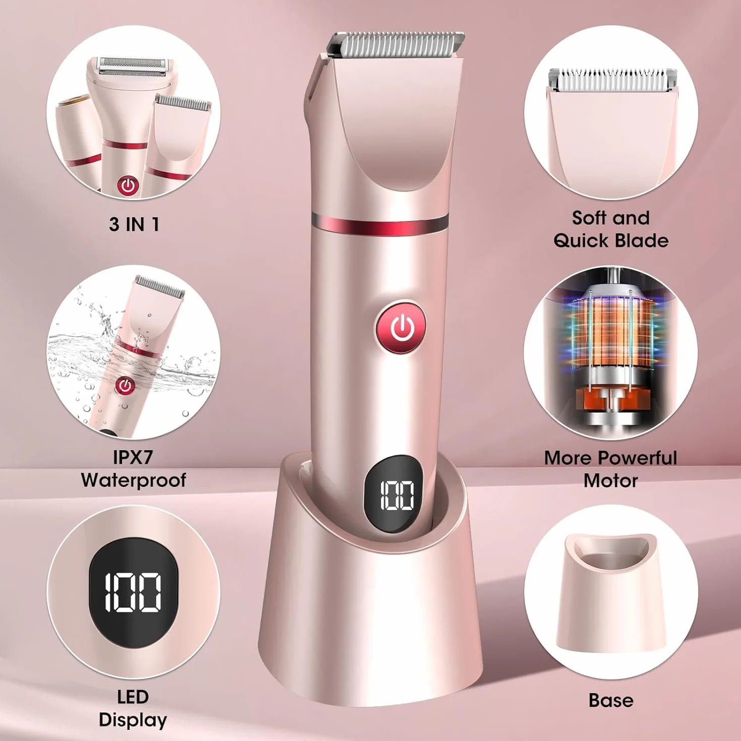 Rasoio Elettrico Donna, 3 in 1 Rasoio Donna Elettrico Senza Fili per corpo, gambe, peli pubici e viso, IPX6 impermeabile e USB ricaricabile