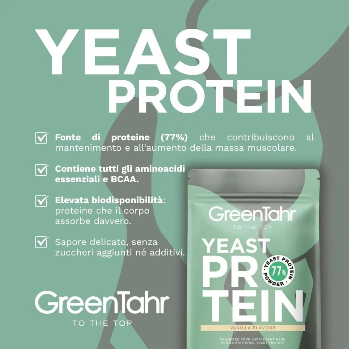 Green Tahr Proteine Vegane in Polvere di Lievito Nutrizionale Inattivo con Aroma di Vaniglia 750g. 77% Proteine per Aumento Massa Muscolare, Origine Non Animale, Senza Zucchero Aggiunto né Glutine