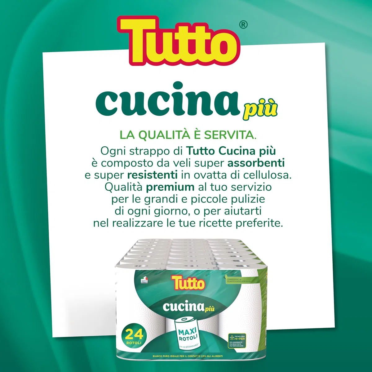 Asciugatutto TUTTO CUCINA PIU’, 24 Rotoli, Adatto a Tutte le Superfici, Carta Super Assorbente e Resistente, Tecnologia HI-PER, Made in Italy, 821706