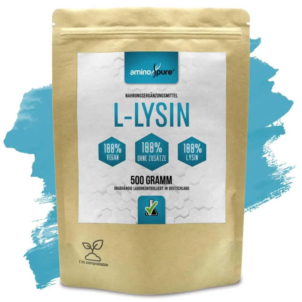 Polvere di lisina pura | L-Lisina pura senza additivi | 250 porzioni (2 grammi al giorno) | 100% vegano e privo di sostanze nocive in laboratorio con certificato | 500 grammi
