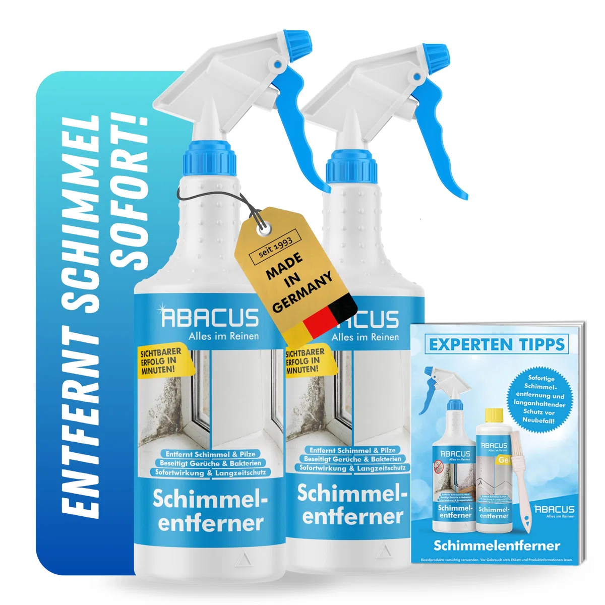 ABACUS Antimuffa, 2 x 750 ml, spray antimuffa con effetto immediato e effetto a lungo termine, con nuova formula di cloro attivo, per pareti, bagno, fughe, carta da parati e molto altro ancora, extra