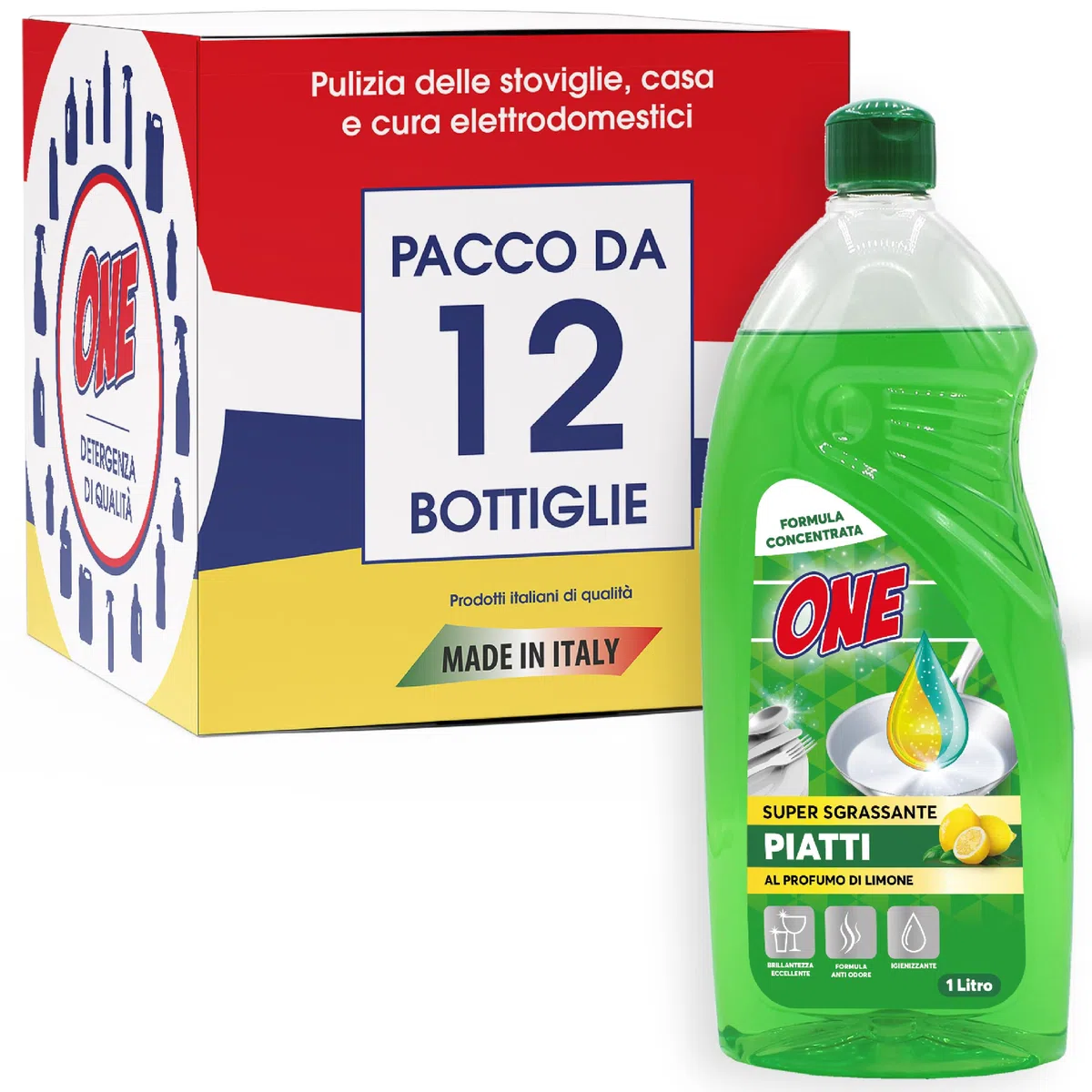 ONE - Pacco da 12 confezioni di 1 lt DETERSIVO LIQUIDO DETERGENTE PIATTI A MANO al profumo di limone - Neutralizza grasso e sporco - Pulizia a basso impatto ambientale