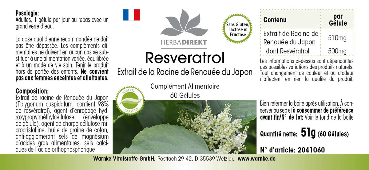 Resveratrolo 100% 500mg - Estratto di Fallopia Japonica - 60 Capsule - Vegan | HERBADIREKT by Warnke Vitalstoffe - Qualità da farmacia tedesca