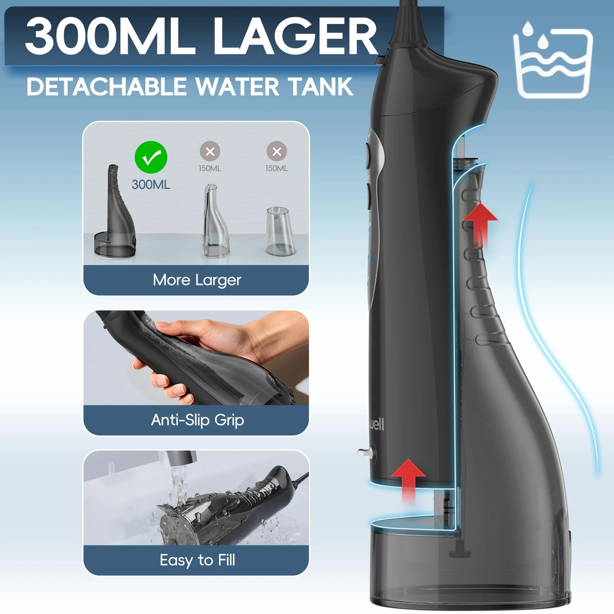 Mornwell Irrigatore orale senza fili per denti portatile orale pulitore elettrico 300 ML 3 modalità 4 punte jet pulizia profonda aiuta con USB (Nero)