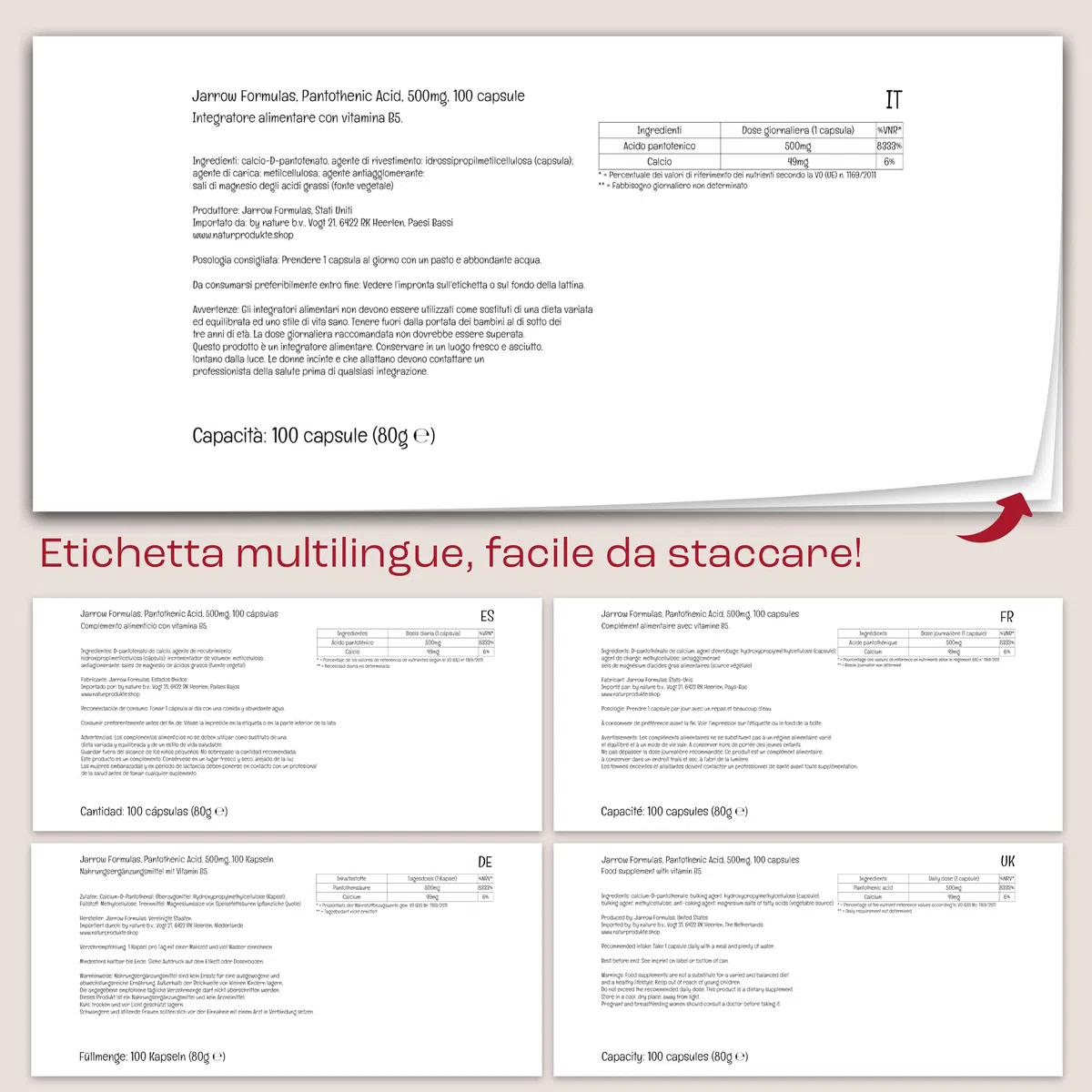 Jarrow Formulas, Pantothenic Acid (Acido Pantotenico), 500mg, Vitamina B5, 100 Capsule vegane, Testato in Laboratorio, Senza Glutine, Senza Soia, Vegetariano, Non OGM