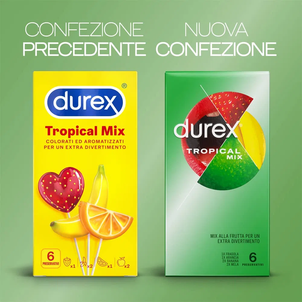 Durex Tropical Preservativi Aromatizzati alla Frutta, Gusto: Banana, Mela, Fragola e Arancia, Lubrificati a Base Siliconica - 24 Profilattici