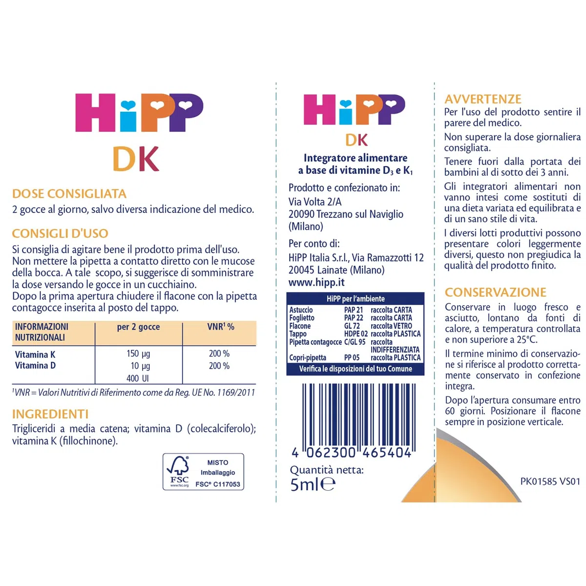 HiPP - HiPP DK, Integratore Alimentare, Bambini, Vitamina D, Vitamina K, Sviluppo Osseo Bambini, con Pratica Pipetta Contagocce, 5ml