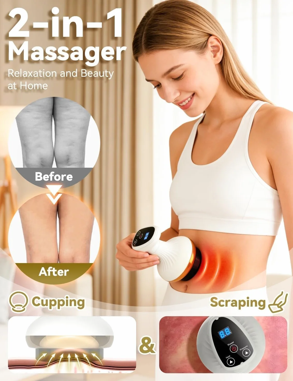Massaggiatore elettrico 4 in 1 con calore, massaggiatore anticellulite，ventosa e Gua Sha, 9 livelli, massaggio profondo e anticellulite (Rosso)