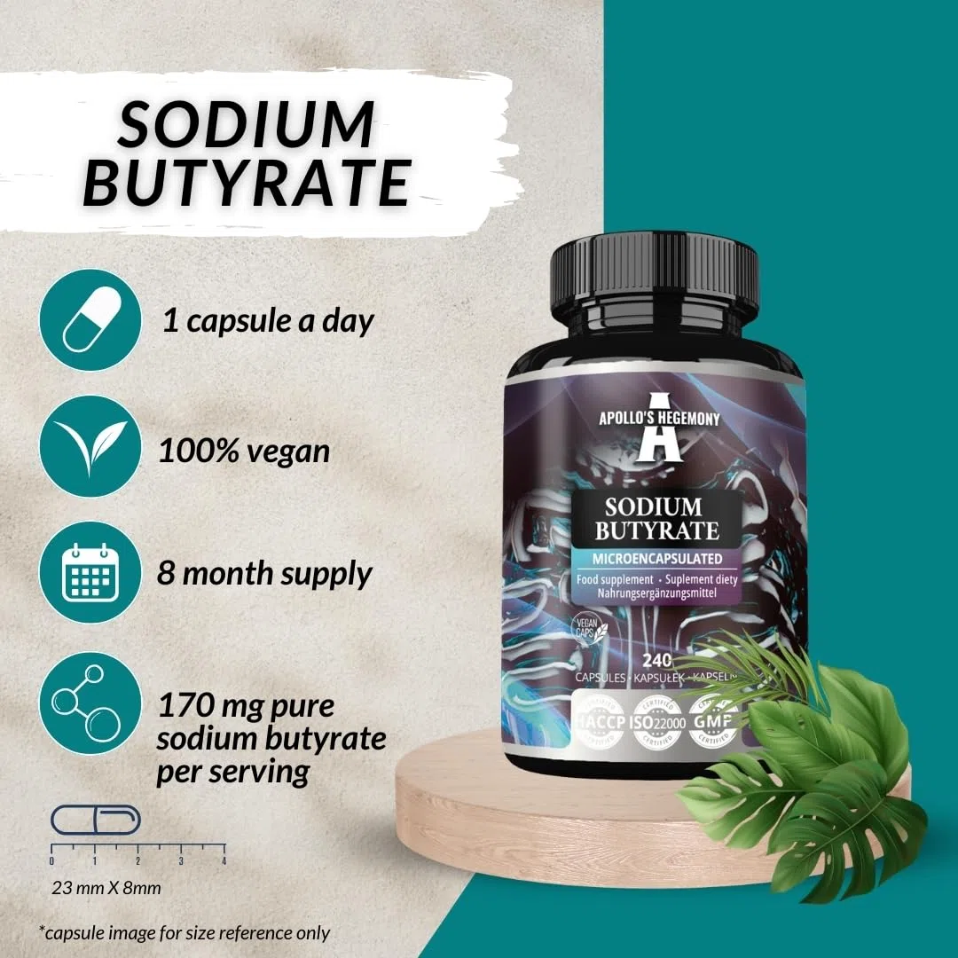 Sodio butirrato ad alto dosaggio 570 mg (30% di acido butirrico), 240 capsule vegane, 240 giorni di fornitura, integratore per sostenere la rigenerazione della barriera intestinale - Apollo's Hegemony