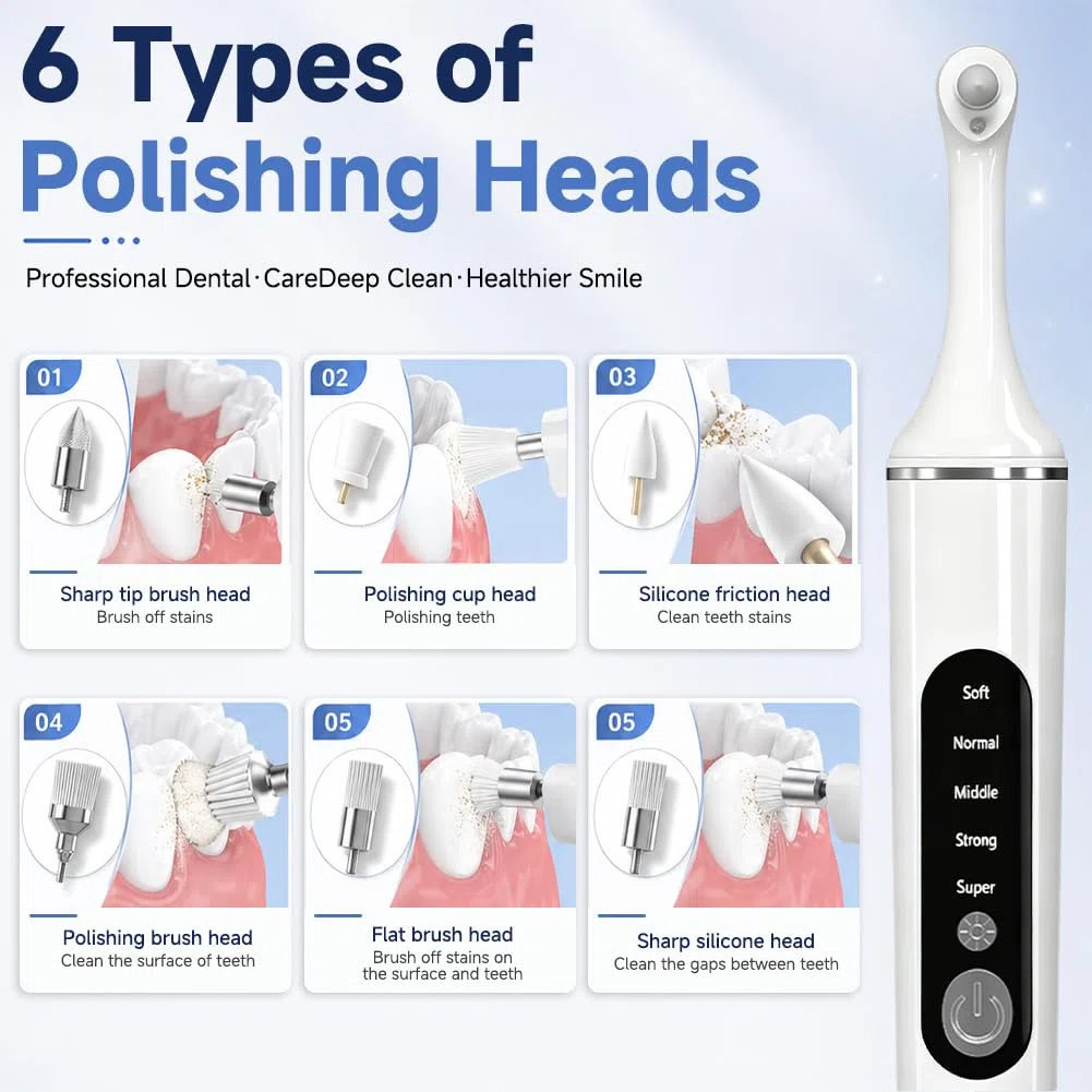 Kit di rimozione del tartaro professionale per lo sbiancamento dei denti, lucidatore dentale con 5 modalità per la pulizia dei denti e lo sbiancamento, include 6 accessori per lucidare e sbiancamento