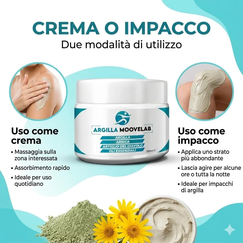 ARGILLA MOOVELAB Argilla Antinfiammatoria con Arnica, Artiglio del Diavolo e Oli Essenziali, Impacco per muscoli e articolazioni, Ideale per massaggio sportivo e recupero muscolare, 250 ml