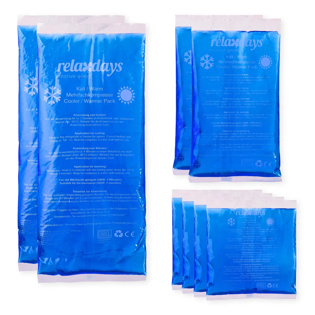 Relaxdays Ghiaccio Gel Termico, 8 Sacchetti, Primo Soccorso, 3 misure, Cuscinetti Terapia Caldo/Freddo, Sport, Blu