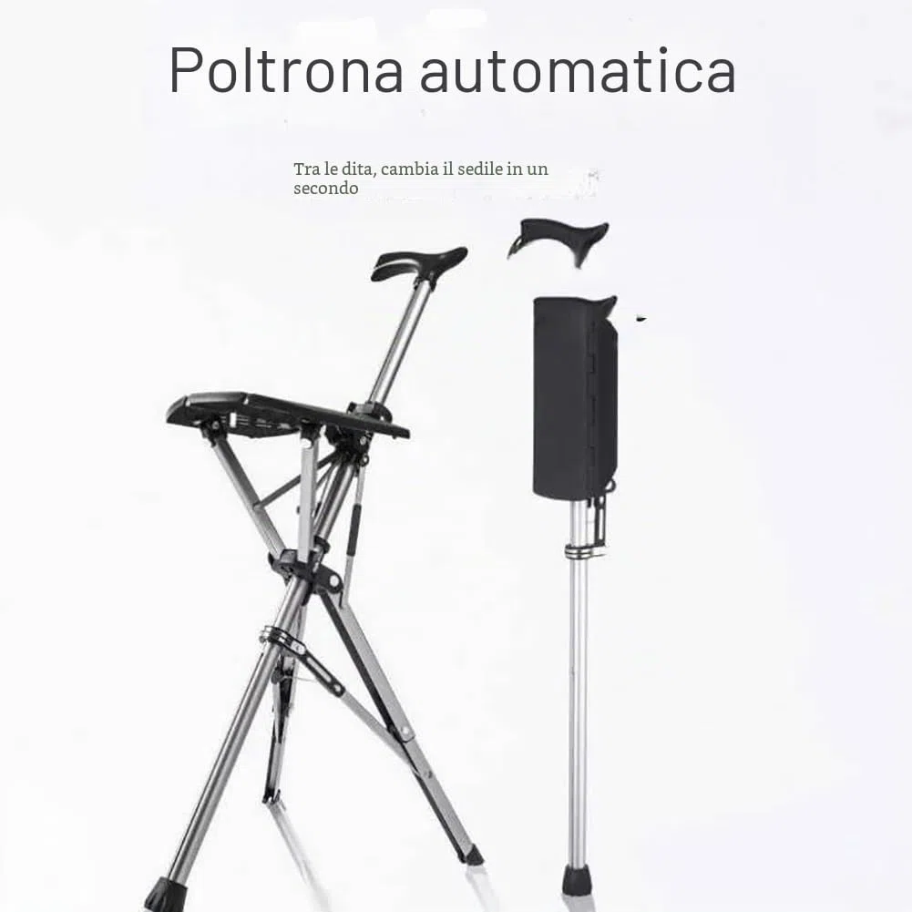 Bastone da passeggio pieghevole con sedile, sedia portatile con bastone da passeggio in lega di alluminio, sgabello treppiede leggero con funzione di sblocco automatico, sedia pieghevole antiscivolo (