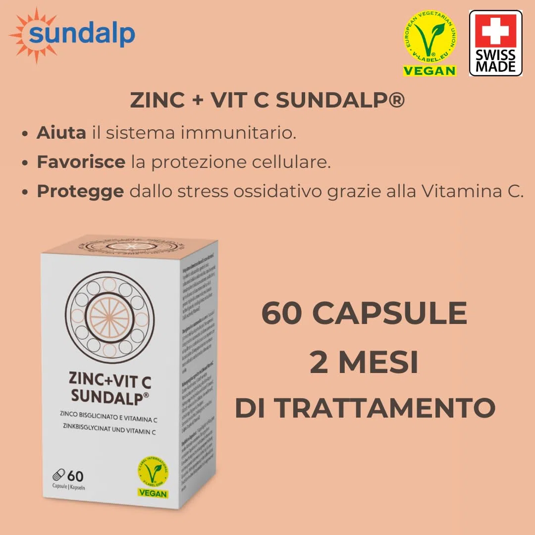 SUNDALP Zinc + Vit C | Integratore per Sistema Immunitario e Stanchezza | Integratore Alimentare con Zinco e Vitamina C - 60 Capsule
