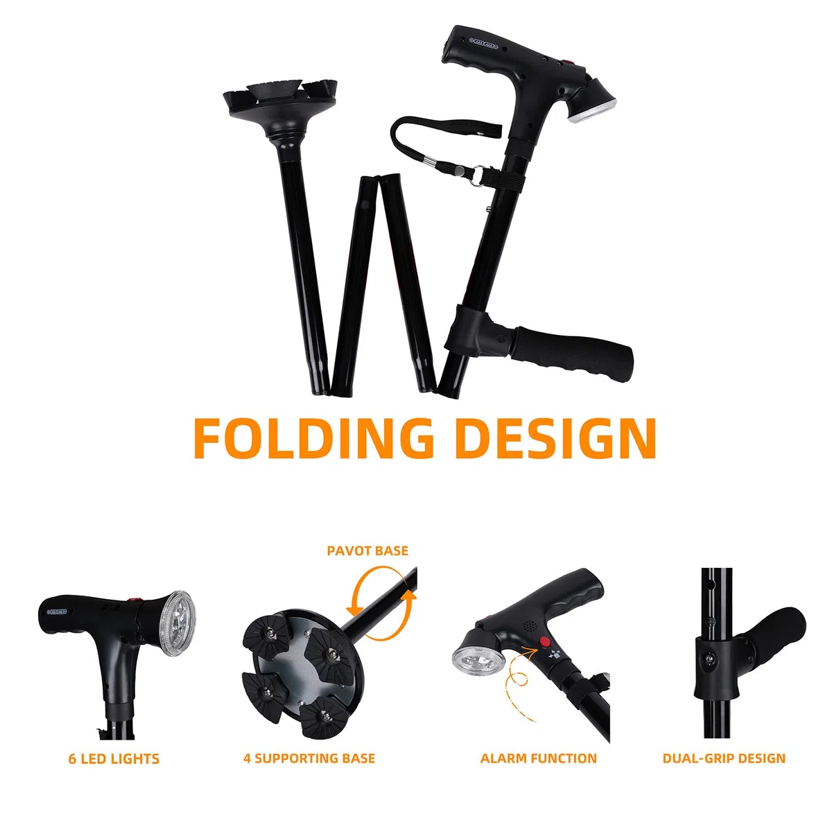 Folding Cane with Led Light and Alarm, Adjustable armrest Cane and Walking Stick, Suitable for The Elderly with buffered T Handle and Pivoting Quad Base for Hiking Mountain Climbing Backpacker