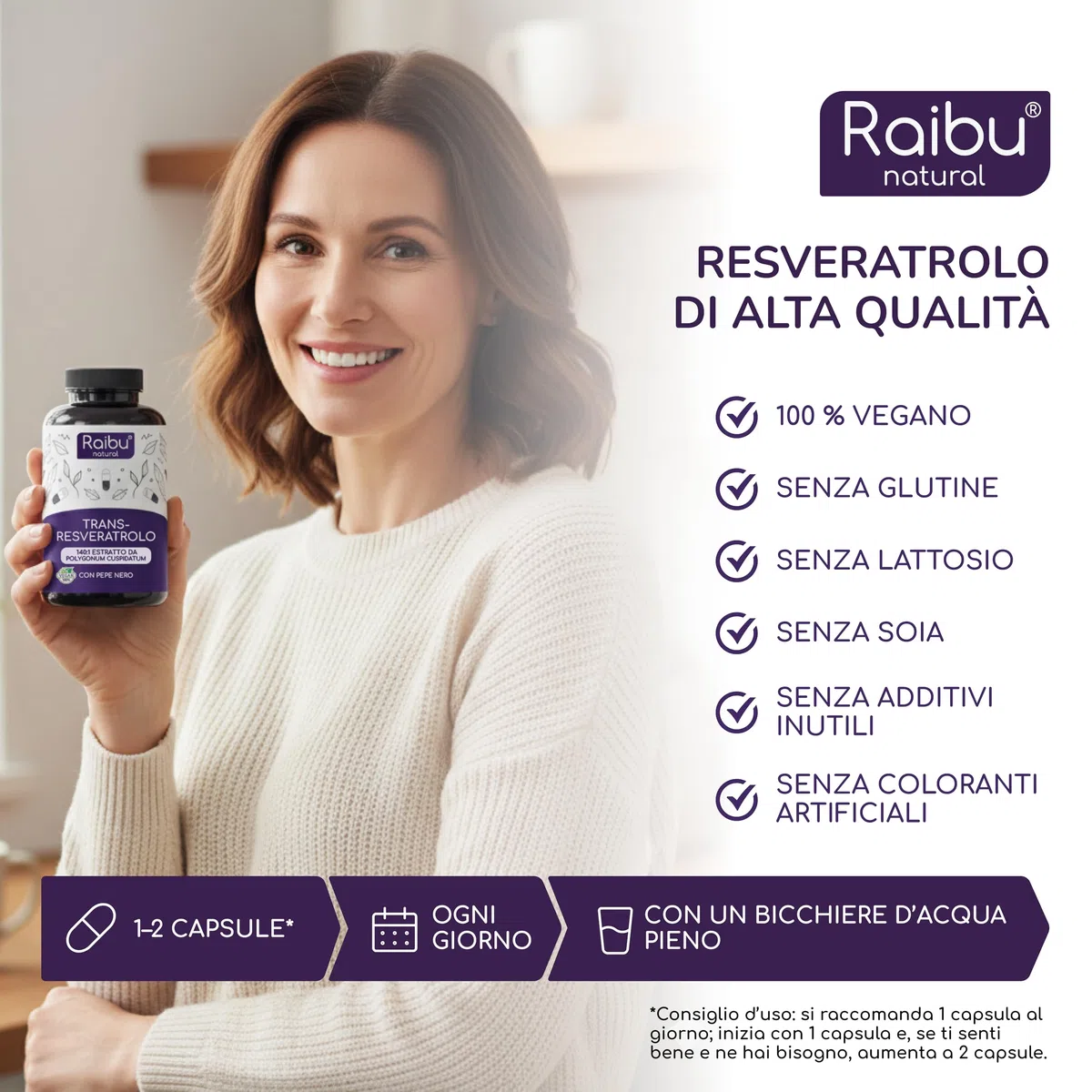 Resveratrolo Puro, 1050mg di Trans-Resveratrolo 98% da Polygonum Cuspidatum - Antiossidante Naturale, Alto Assorbimento - Senza Magnesio Stearato né OGM - 60 capsule vegane