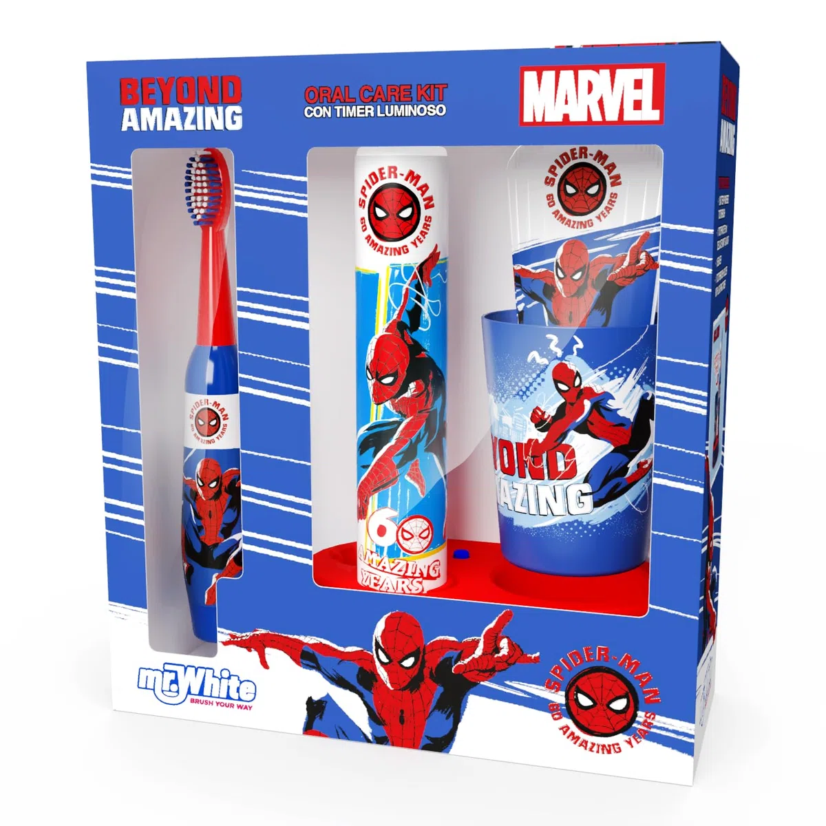 Mr.White - Confezione regalo con LED Marvel Spiderman per bambini, con dentifricio, spazzolino da denti alimentato a batteria, bicchiere e base con torre lampeggiante di 2 minuti