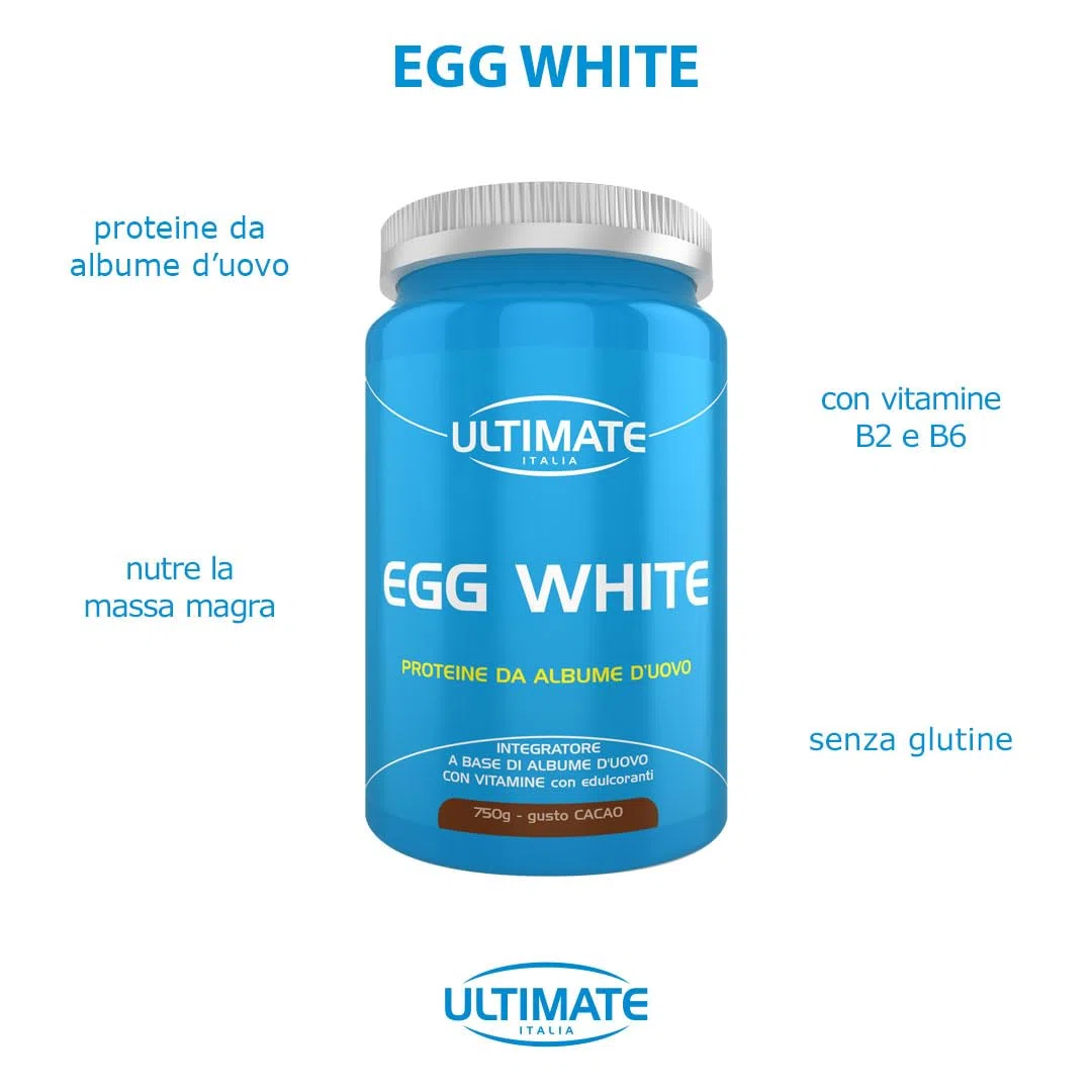 Ultimate Italia Egg White – Proteine di Albume dell'Uovo - Integratore Alimentare di Proteine a Base di Albume d'Uovo – con Vitamine B2 e B6 – Nutre la Massa Magra - Gusto Cacao, 750 Grammi