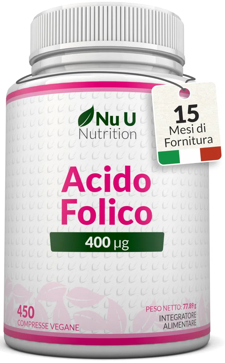 Acido Folico 400 µg - 450 Micro Compresse Vegane - Scorta 15 Mesi - Vitamina B9 Folato per Donne in Gravidanza - Integratore Prenatale - Prodotto in Europa - Nu U Nutrition