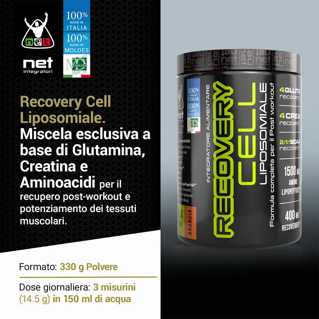 Net Integratori RECOVERY CELL LIPOSOMIALE – 330 g Gusto Arancia – Integratore Post Workout Avanzato per Recupero Muscolare e Sintesi Proteica con Glutamina Creatina BCAA in forma Liposomiale