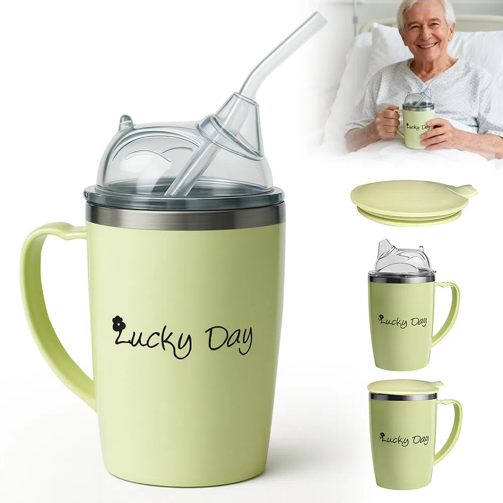 350ml Tazza con Beccuccio per anziano, 3-in-1 Acciaio Inox Bicchieri A Prova Di Fuoriuscite, Bicchiere Per Alimentazione per anziano, Per Pazienti, Maternità, Disabili