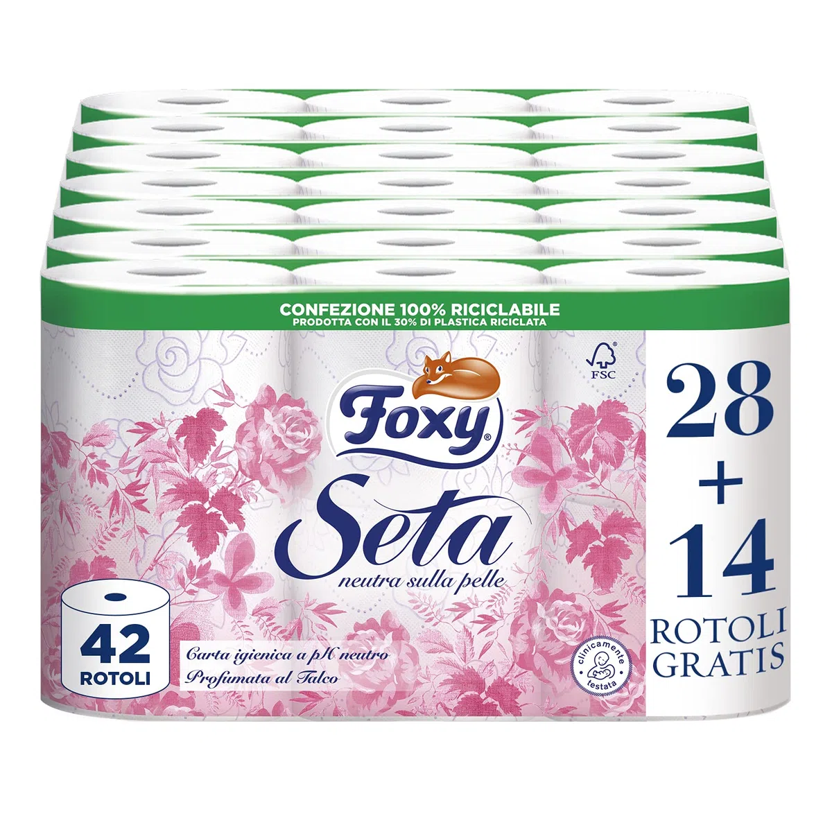 Foxy Seta | Carta igienica neutra sulla pelle | 28+14 rotoli, 28 + 14 Gratis| 216 strappi per rotolo | 2 veli elevato spessore | Carta 100% certificata FSC | Confezione 100% riciclabile Bianco