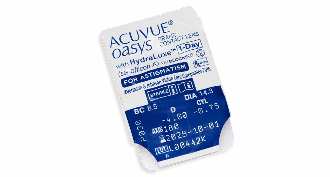 ACUVUE OASYS 1-Day per astigmatismo; Lenti a contatto giornaliere; visione chiara e stabile per tutto il giorno,comfort elevato;-2.00 diottrie; Cilindro -0.75 ; Asse 180 ; BC 8.5; DIA 14.30; 30 lenti