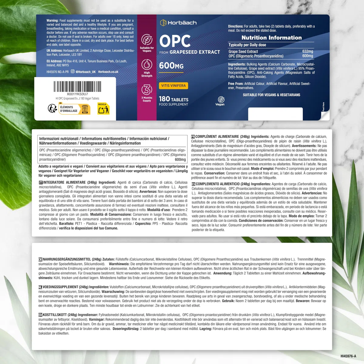 OPC Integratore | 180 Compresse Vegane | Proantocianidina Oligomerica 95% | 600mg di OPC Estratto di Semi d'Uva | Alto Dosaggio | Grapeseed Extract | di Horbaach