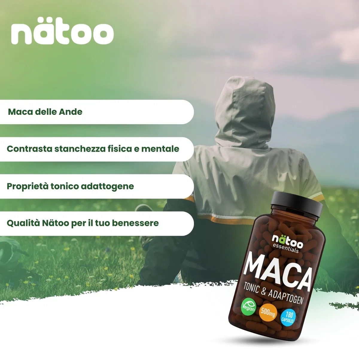 NÄTOO Essentials Maca 500mg 180 CPS Vegetali - Integratori Stanchezza con Maca Peruviana delle Ande (Ginseng Peruviano), Maca Forte con proprietà tonico adattogene, radice di Maca