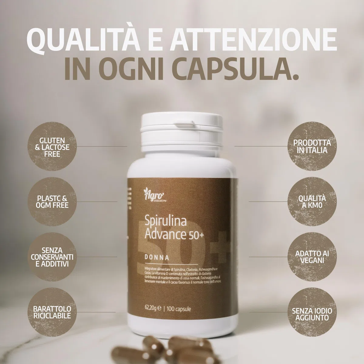 AGROINIZIATIVE ADVANCE DONNA 50+ con Spirulina Bio, Ashwagandha, Astaxantina, Vitamina D3 e Nigella Sativa, Formula Completa per il Benessere Femminile, Prodotto in Italia