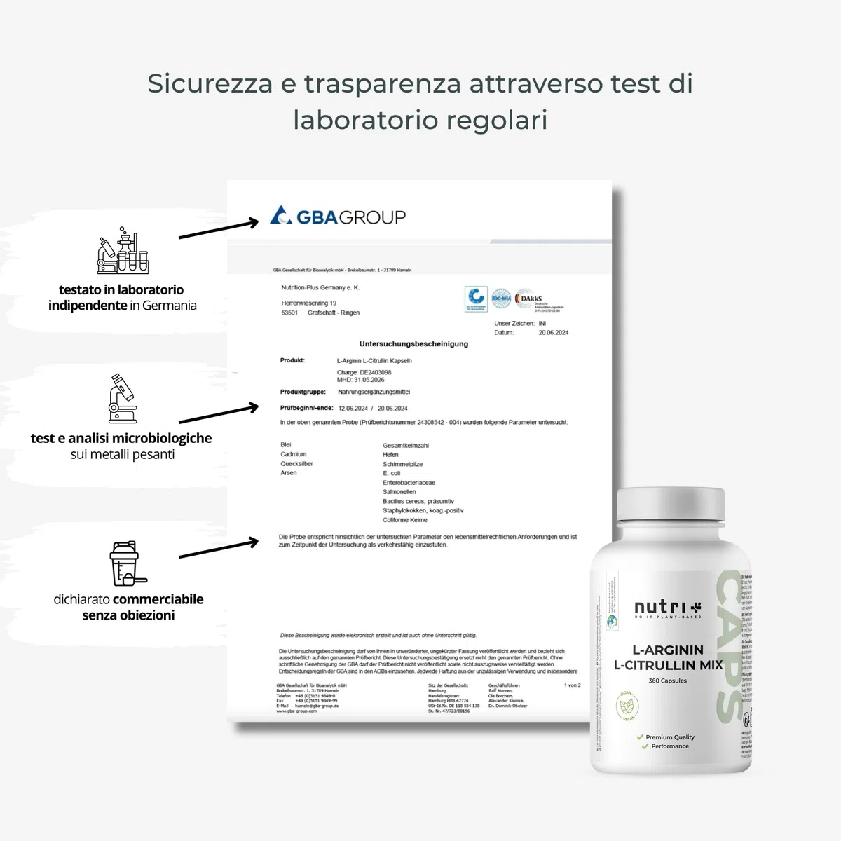 Nutri + Capsule Arginina Citrullina - 360 Capsule alto Dosaggio + vegane - 3000mg L-citrullina Malato + L-arginina Base - Bodybuilding - Qualità premium senza Magnesio Stearato o Additivi