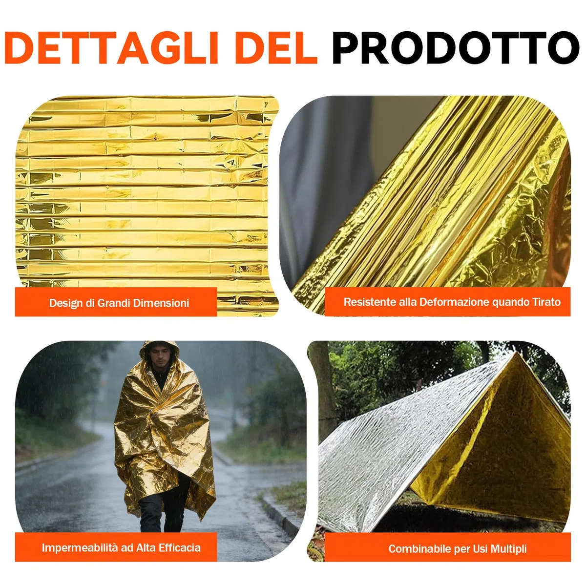 5 Pezzi Coperta Termica di Emergenza 210x160 cm – Telo Isotermico Oro/Argento, Impermeabile e Riutilizzabile per Sopravvivenza, Outdoor, Escursioni e Protezione dal Freddo e dalla Pioggia