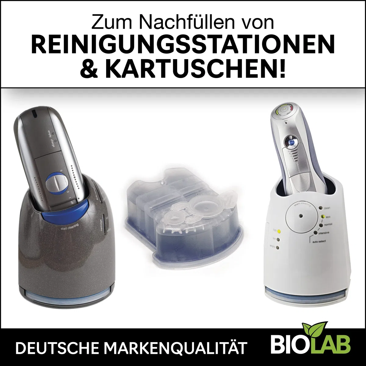 BIOLAB Pulitore per testina di rasatura biologico (2 x 1000 ml), liquido di ricarica per Clean & Renew, adatto per Braun Series, cartuccia di pulizia e rasoio Philips