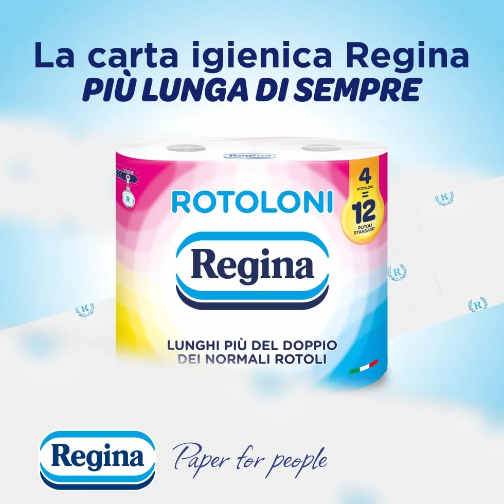 Rotoloni Regina - 84 Maxi Rotoli di Carta Igienica, 500 Fogli a 2 Veli, Lunghi Più del Doppio dei Normali Rotoli, Confezione 50% in Plastica Riciclata, Carta 100% Certificata FSC