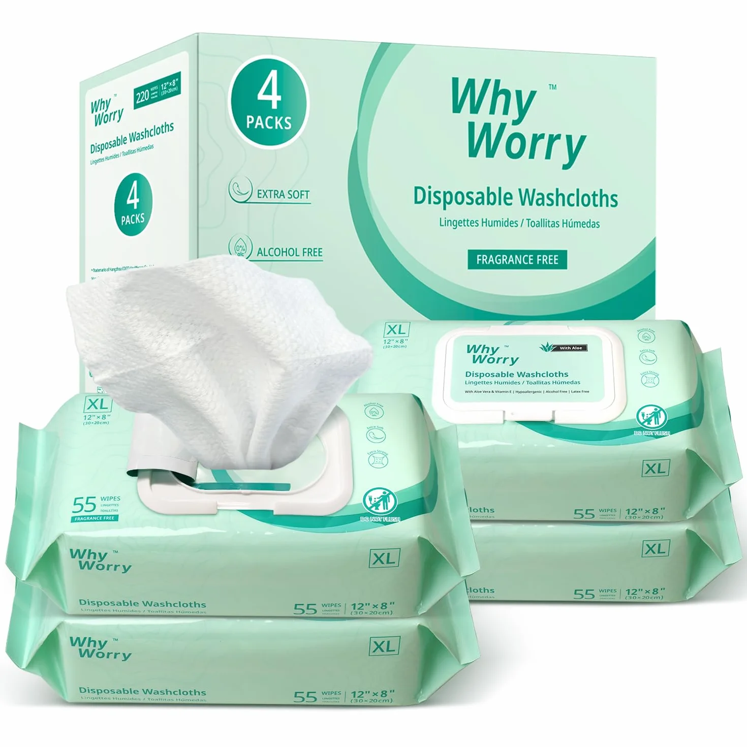 WhyWorry XL Salviette Umidificate per Adulti, 20 x 30 cm Extra Grandi Salviettine per la Pulizia del Corpo per Incontinenza e Anziani, con Aloe e Vitamina E, Extra Spesse, Senza Profumo, 220 Unità