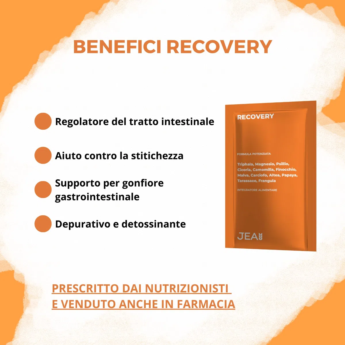 Jea RECOVERY Integratore Naturale per Regolarità Intestinale e Gonfiore - Formula Lenitiva con Psillio, Triphala, Malva e Camomilla - Depurativo Detox - 16 Bustine in Carta FSC