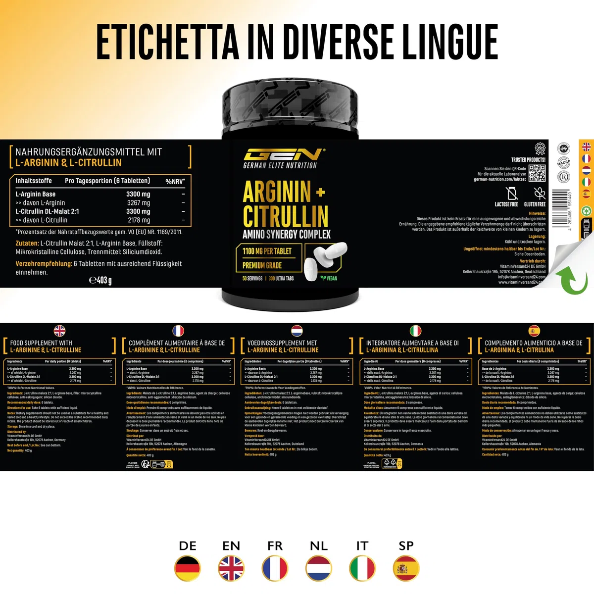L-Arginina + L-Citrullina Ultra Compresse - 300 compresse da 1100 mg - Combinazione ad alto dosaggio di L-arginina base e L-citrullina malato 2:1 - Vegano