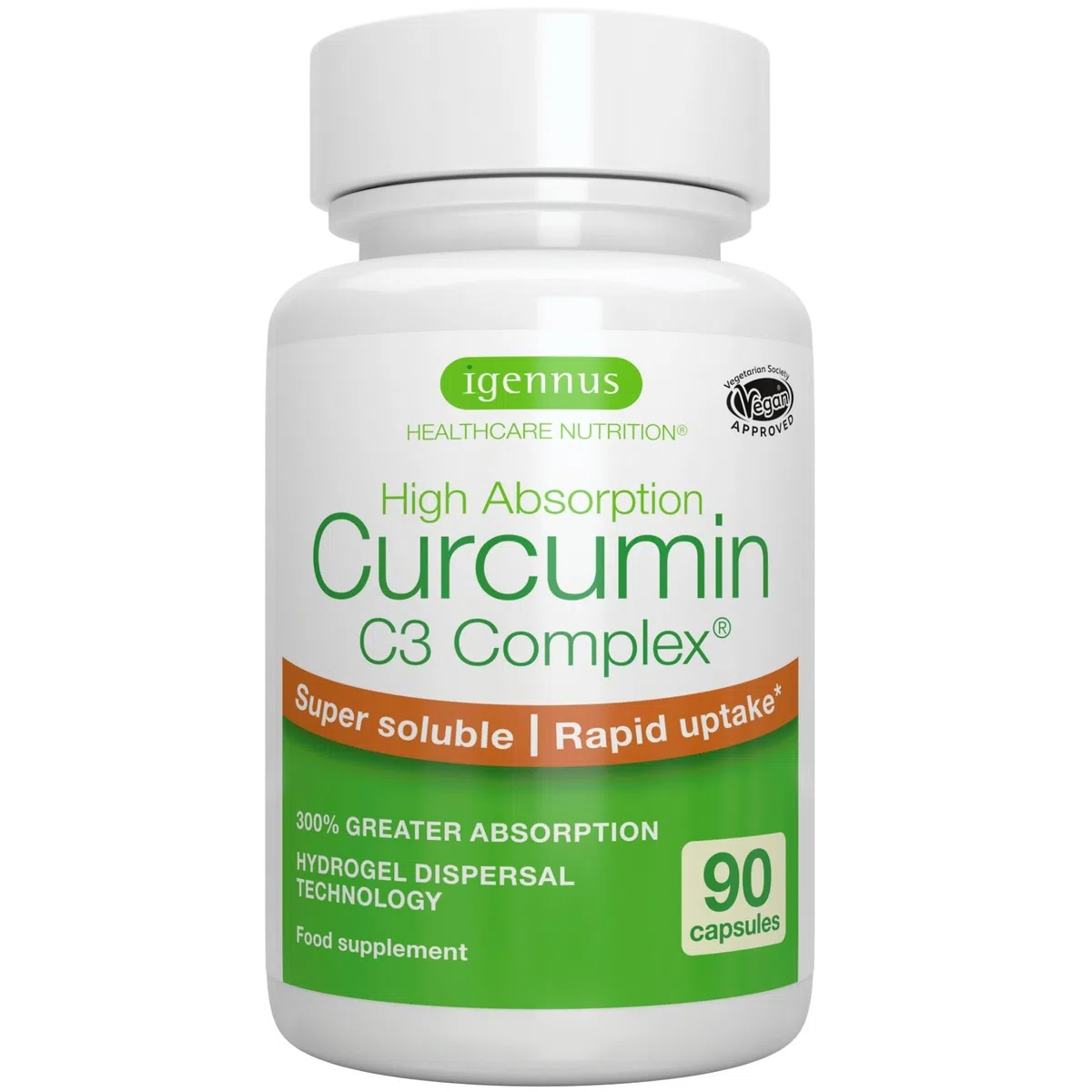 Igennus Curcumin C3 Complex Ultra Solubile, Senza Pepe Nero, Assorbimento Rapido e Superiore +300% rispetto alla Curcumina Classica, Estratto Standardizzato al 95%, 90 Capsule Vegane, 1 al giorno