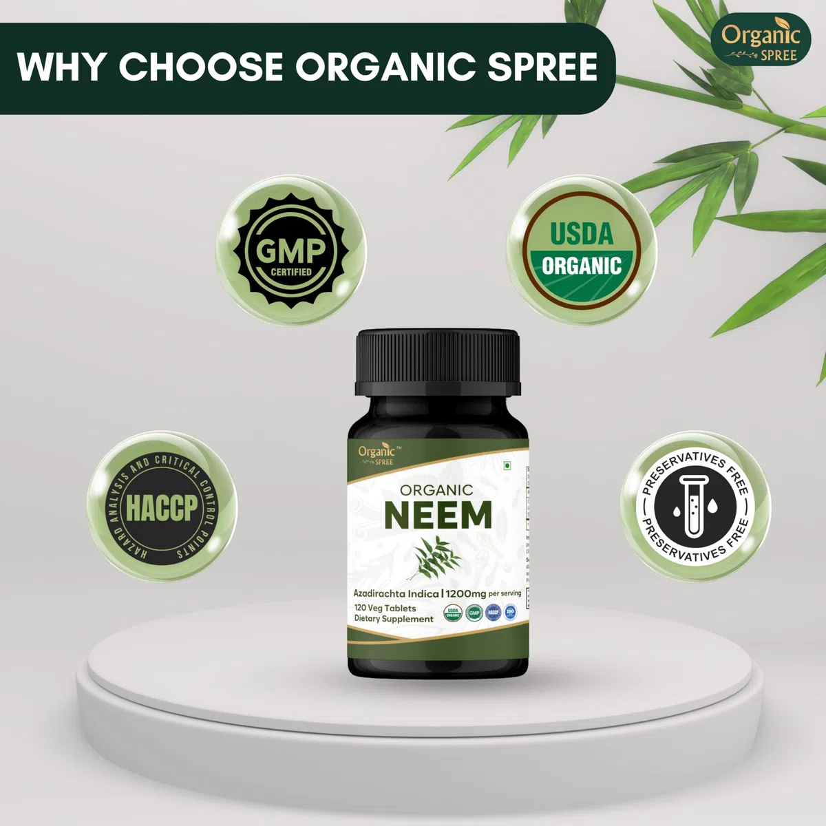Organic Spree NEEM 120 Tablets (Azadirachta Indica) | Biologico e Naturale | Vegano e certificato USDA 120 compresse | 1200 mg per porzione (2)