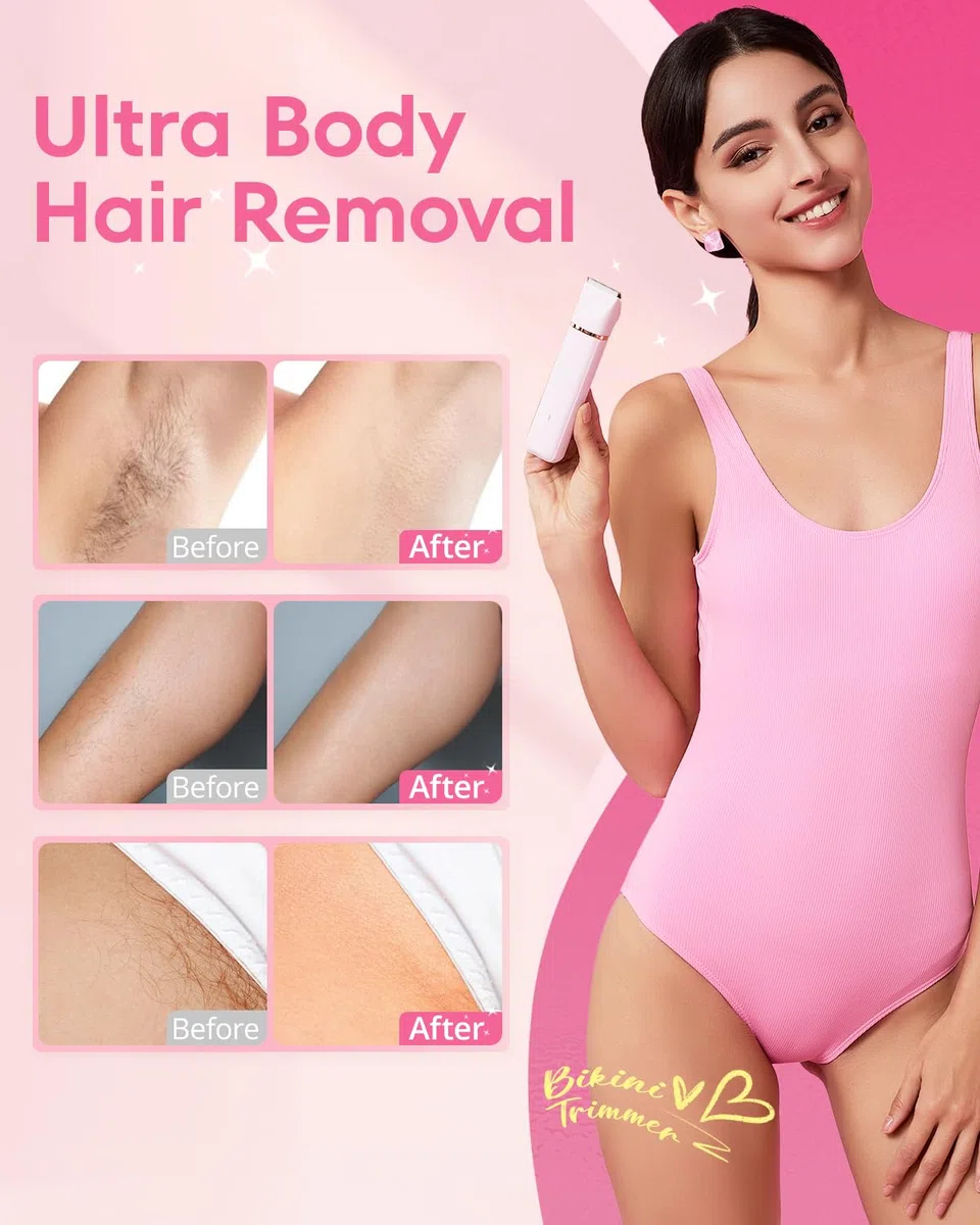 VG VOGCREST Rasoio elettrico per bikini: ricaricabile per rimuovere i peli del corpo, da donna, indolore, per braccia, ascelle, gambe, peli pubici (rosa)