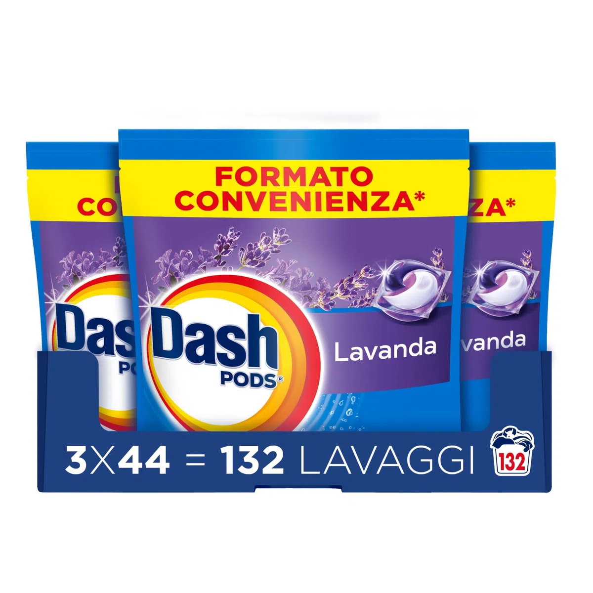 Dash Pods Detersivo Lavatrice In Capsule, 132 Lavaggi (3x44), Lavanda, Rimuove Le Macchie, Igienizza, Dona Freschezza, Brillantezza Per I Capi