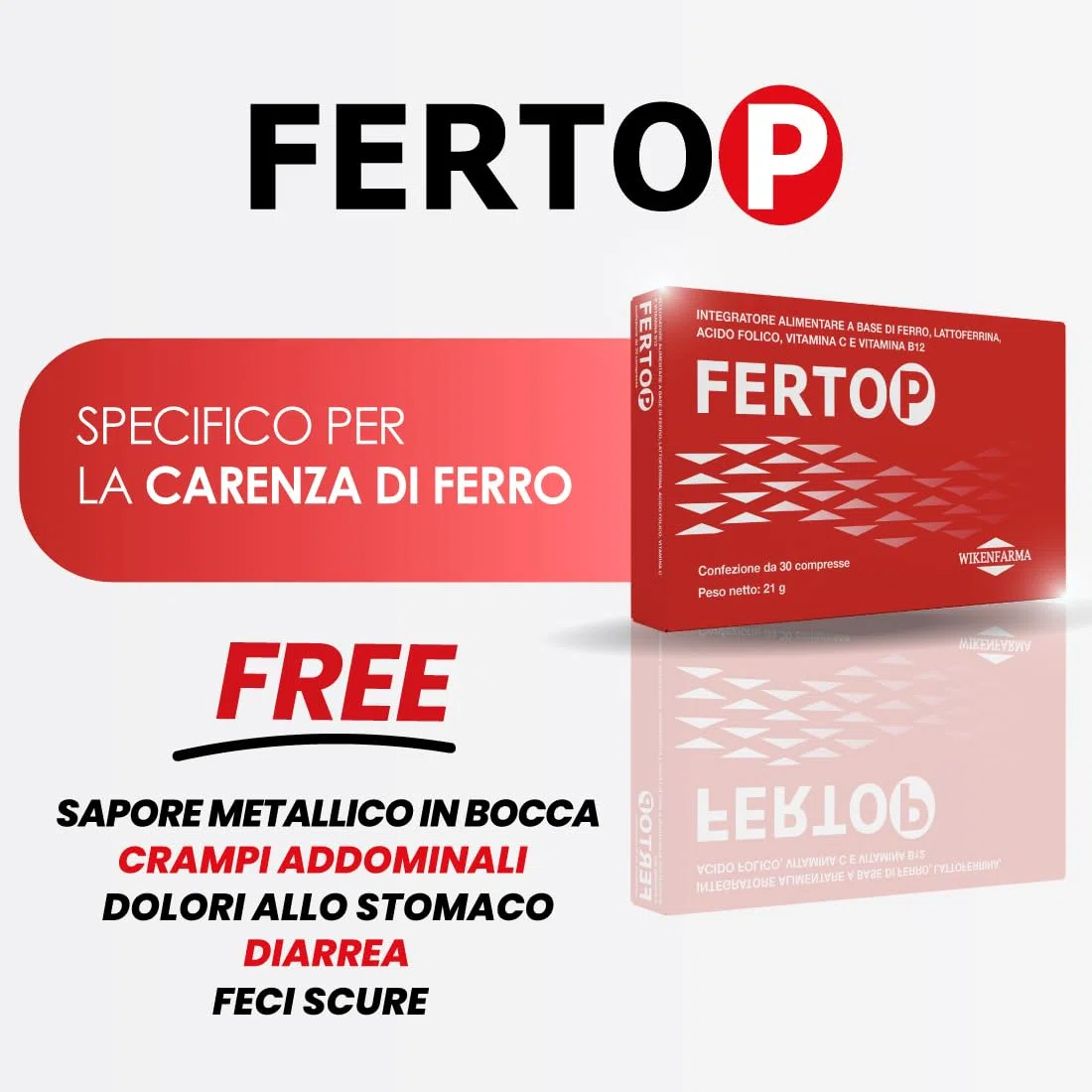 Fertop 30 Compresse - 30mg Ferro Pirofosfato Microincapsulato con Lattoferrina, Acido Folico, Vitamina C e Vitamina B12 100% tollerabile per carenza di ferro lieve media grave anche Post-Gravidanza