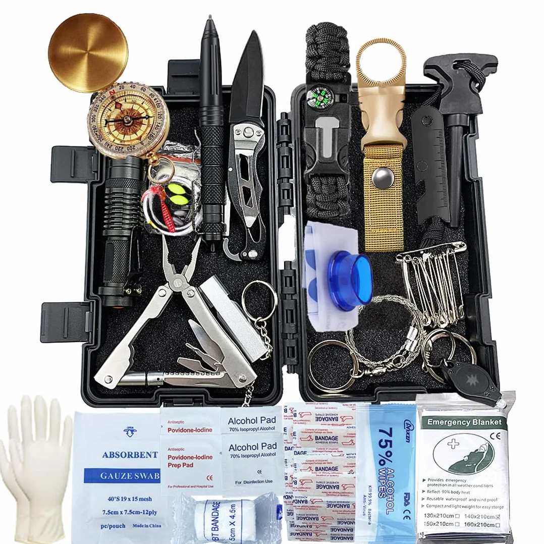 Kit di Sopravvivenza 63 in 1, Multifunzione Kit di Pronto Soccorso di Emergenza, Kit Sopravvivenza per Campeggio Escursionismo Avventure, Regalo di Compleanno Natale per Uomini Papà Adolescenti