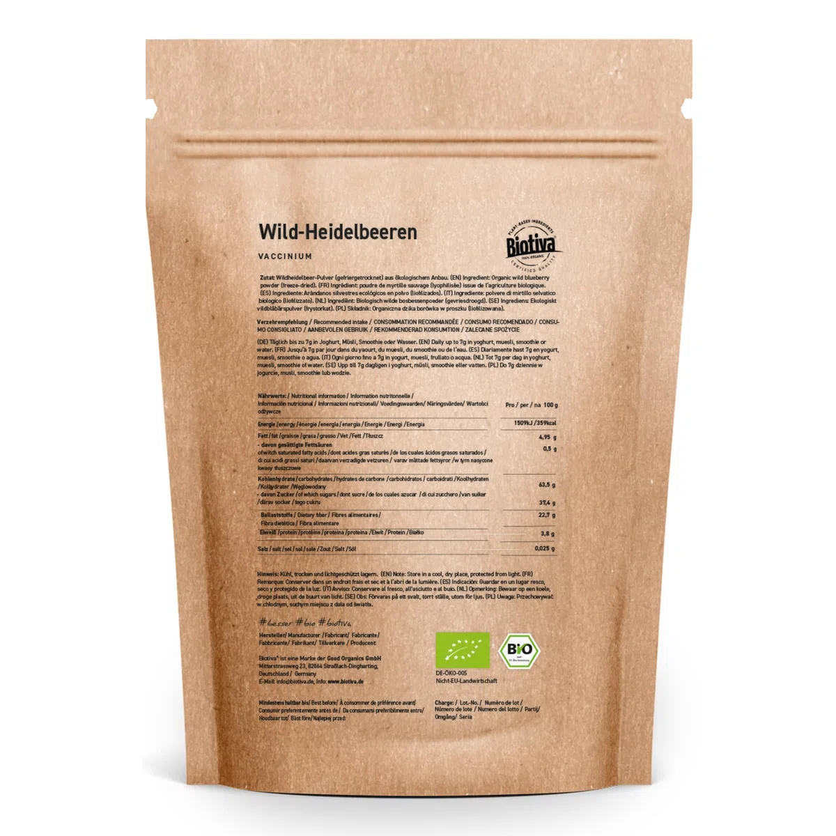 Mirtillo selvatico in polvere biologico 300g (2x150g) - Vaccinium myrtillus - polvere di mirtillo liofilizzato - imbottigliato e controllato in Germania (DE-ÖKO-005) - Biotiva