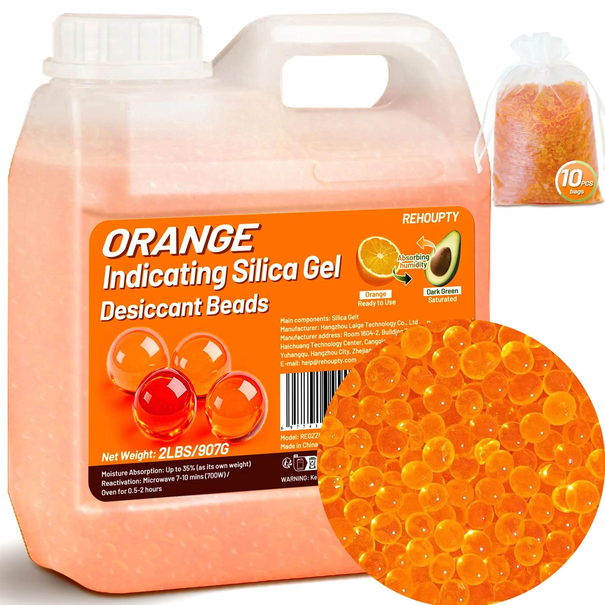 Perline Disiccante Silicia Arancione 907G, Perline Gel Silicia Riutilizzabili, Perline di Desiccante 3-5mm per Filamento 3D, Dispositivi Elettronici, Fotocamera (10 Borsa Filata Eugene Inclusi)